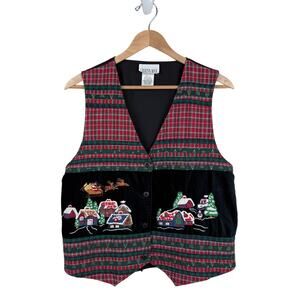 Vintage 90s Casey & Max Christmas Vest Womens L Cotton Plaid Appliqued Village